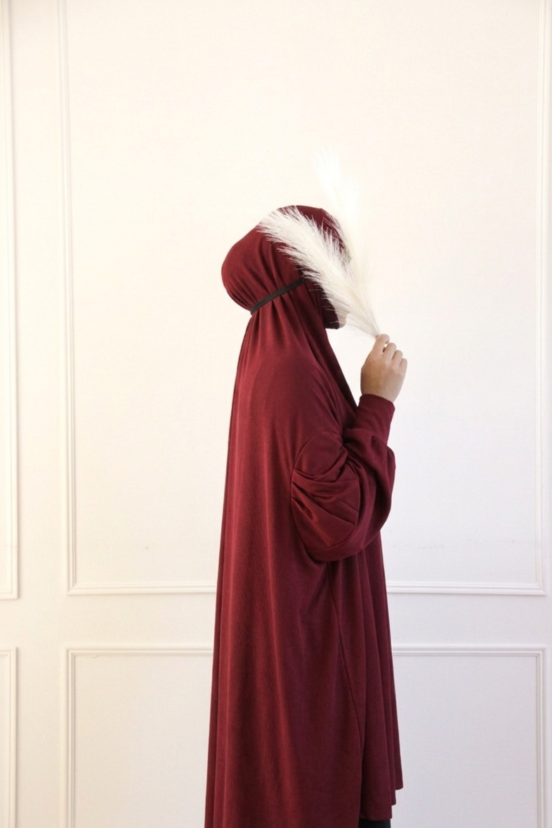 Burgundy one piece khimar hijab with wudu-friendly batwing sleeves and niqab feature for Hajj and UmraH