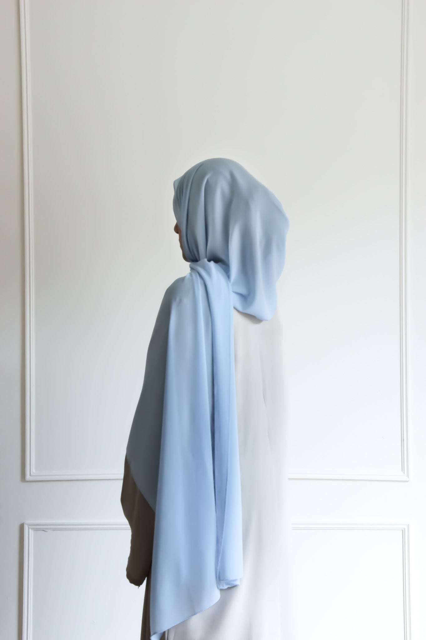 Premium chiffon hijab in Baby Blue – soft pastel shade with a lightweight, flowing drape perfect for casual and formal wear