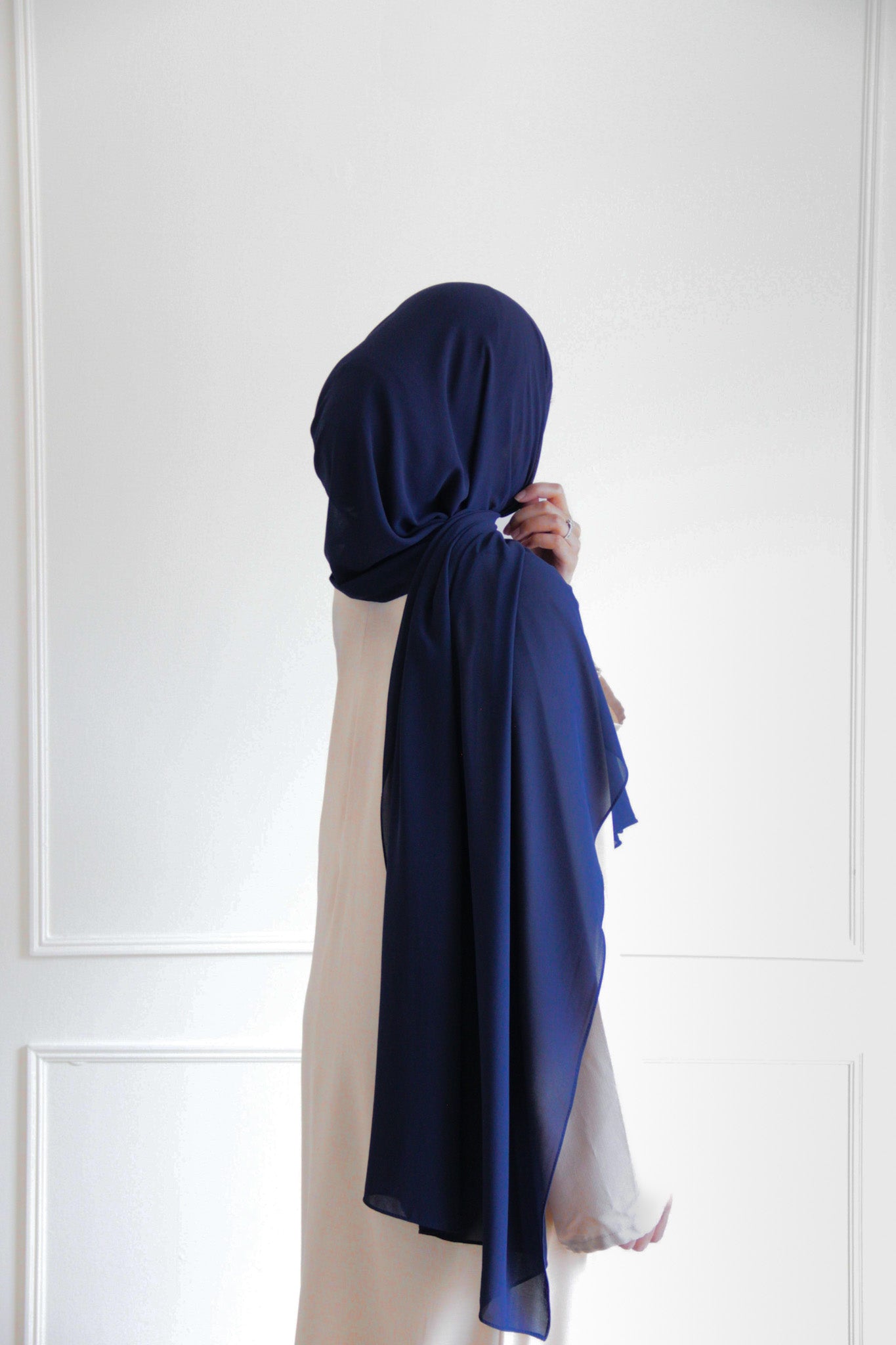 Premium chiffon hijab in Navy – classic deep blue with a soft, lightweight drape for versatile styling