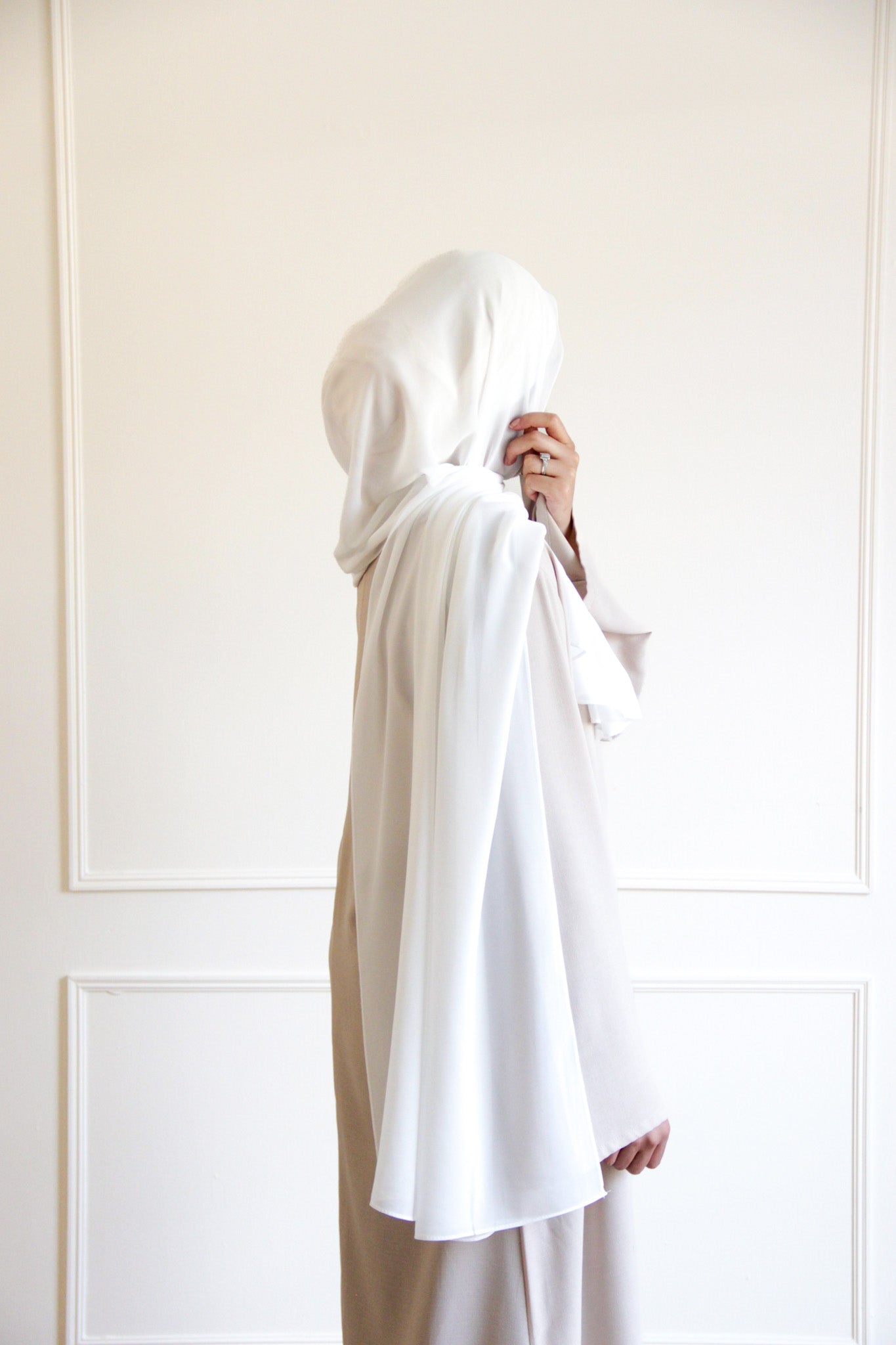 Premium chiffon hijab in White – crisp, timeless shade with a soft, airy drape perfect for bridal and formal looks