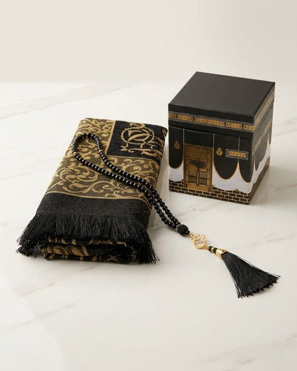 Kaaba Design Gift Box with Prayer Mat & Tasbeeh – Islamic Gift Set