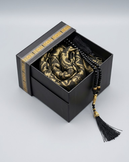 Kaaba Design Gift Box with Prayer Mat & Tasbeeh – Islamic Gift Set