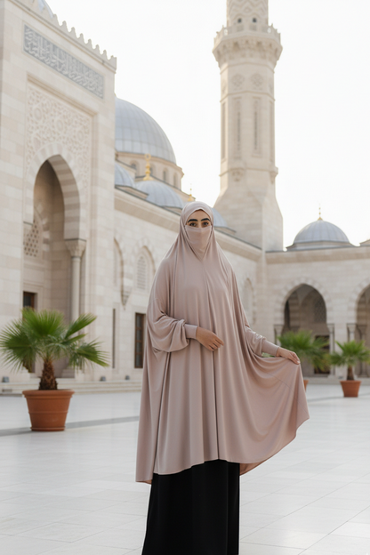 Beige one piece khimar hijab with wudu-friendly batwing sleeves and niqab feature for Hajj and Umrah