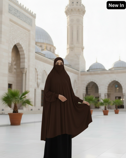 Chocolate brown one piece khimar hijab with wudu-friendly batwing sleeves and niqab feature for Hajj and Umrah