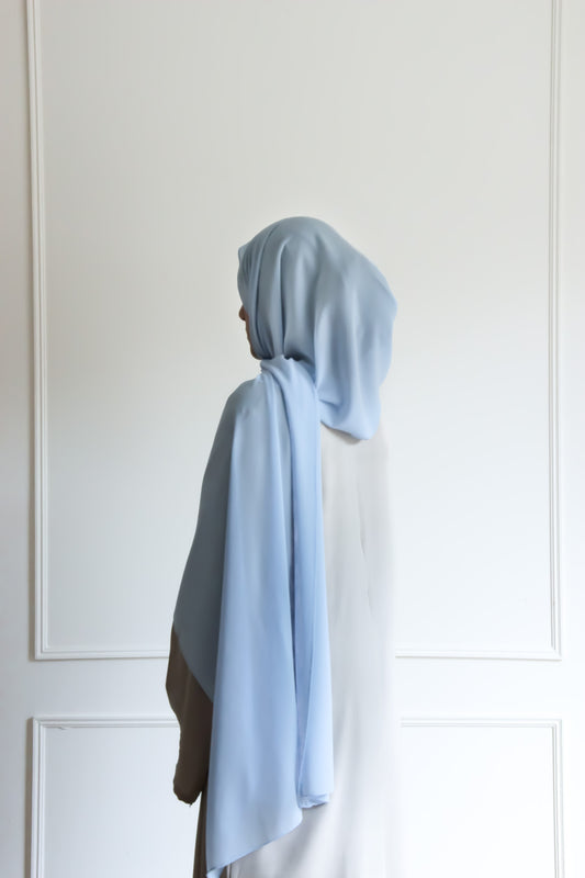 Premium chiffon hijab in Baby Blue – soft pastel shade with a lightweight, flowing drape perfect for casual and formal wear