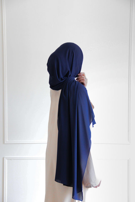 Premium chiffon hijab in Navy – classic deep blue with a soft, lightweight drape for versatile styling