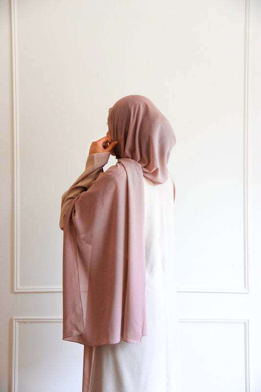 Premium chiffon hijab in Nude Pink – soft blush tone with a lightweight, flowing drape for an elegant everyday look