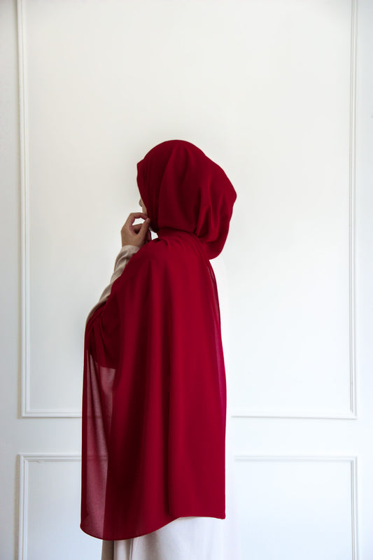 Premium chiffon hijab in Red – vibrant, bold hue with a lightweight, flowing drape perfect for festive and everyday wear