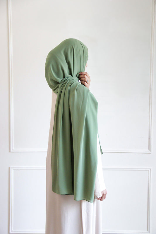 Premium chiffon hijab in Sage Green – soft, earthy green tone with a breathable, flowing drape for a fresh everyday style