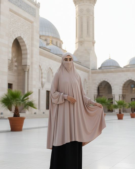 Long Khimar with Sleeves – Full Coverage for Prayer, Hajj, Umrah & Everyday Wear- Beige