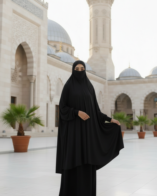 Long Khimar with Sleeves – Full Coverage for Prayer, Hajj, Umrah & Everyday Wear-  Black