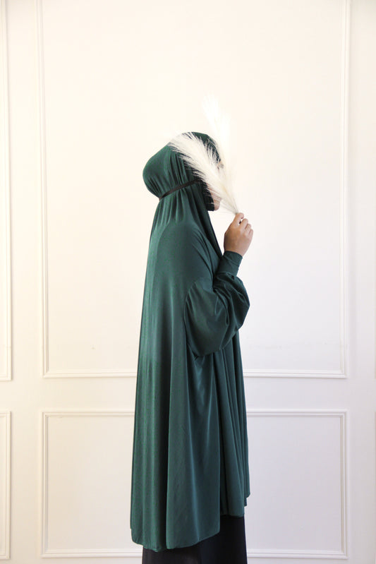 Elegant bottle green Lycra khimar with full sleeves and niqab for prayer