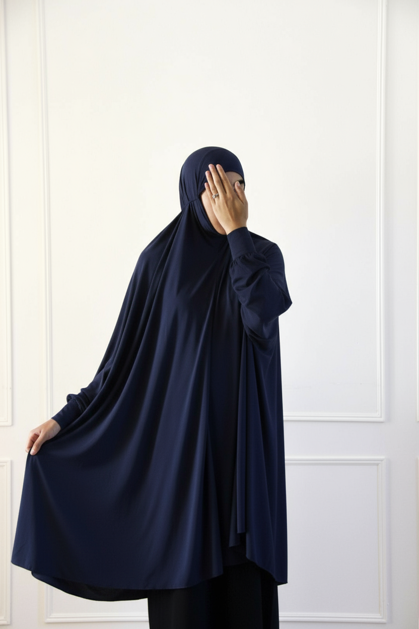 Prayer Khimar with Full Sleeves and Built-in Niqab -  Dark Navy