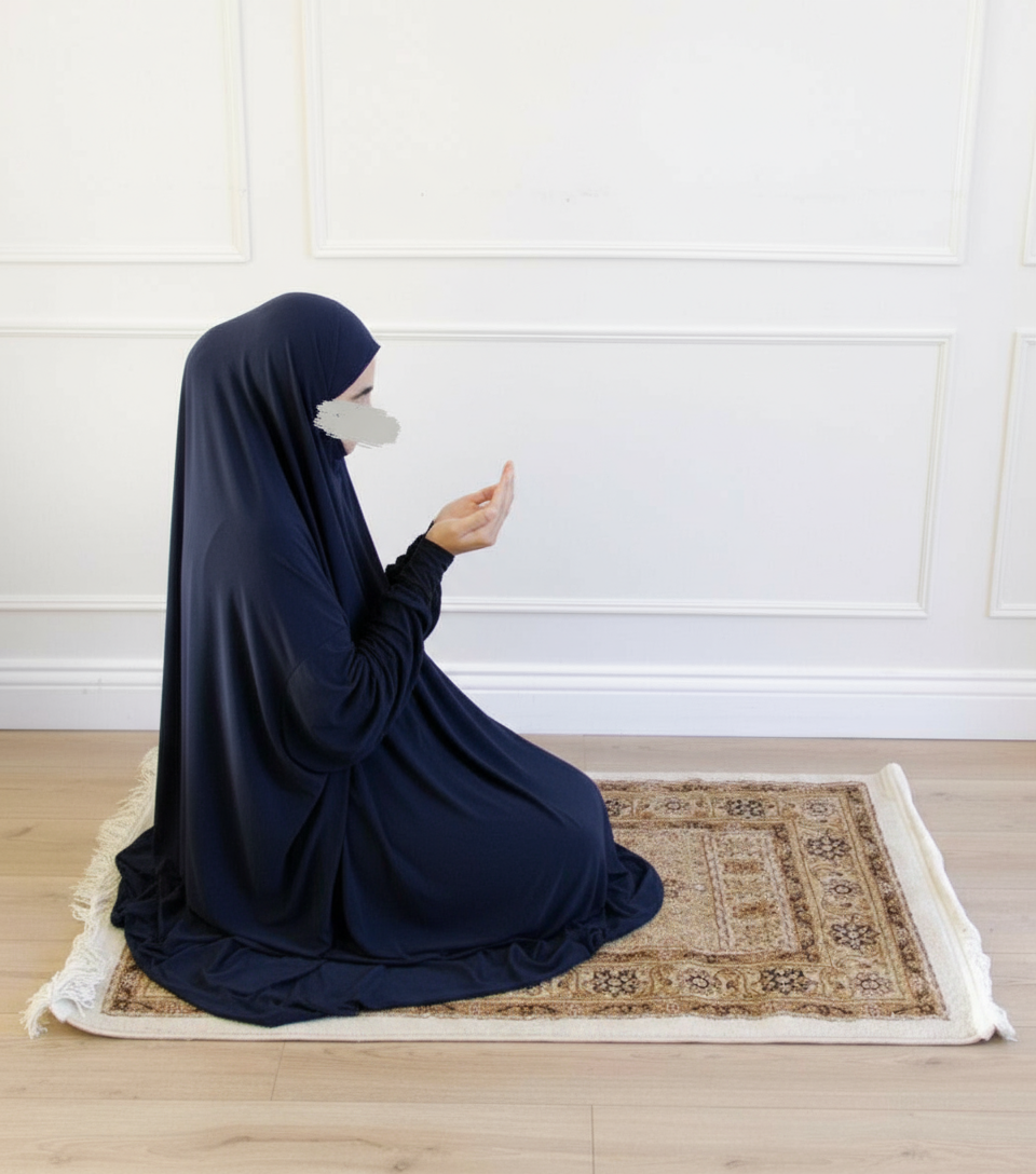 Prayer Khimar with Full Sleeves and Built-in Niqab -  Dark Navy