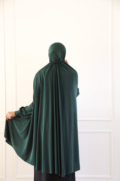 Convertible niqab on rich green Lycra khimar and prayer dress
