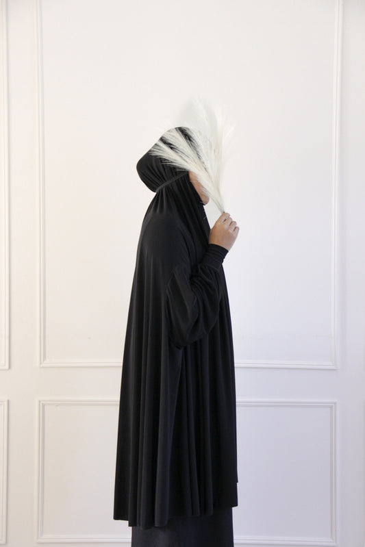 Premium black Lycra khimar prayer dress with full batwing sleeves and attached niqab