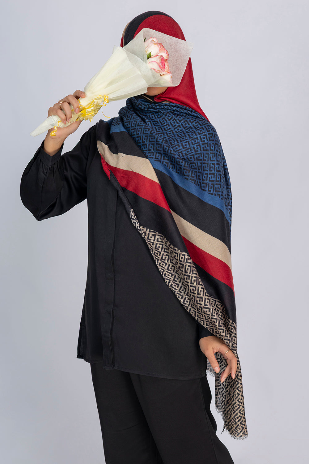 Geometric Print Hijab - Midnight Navy